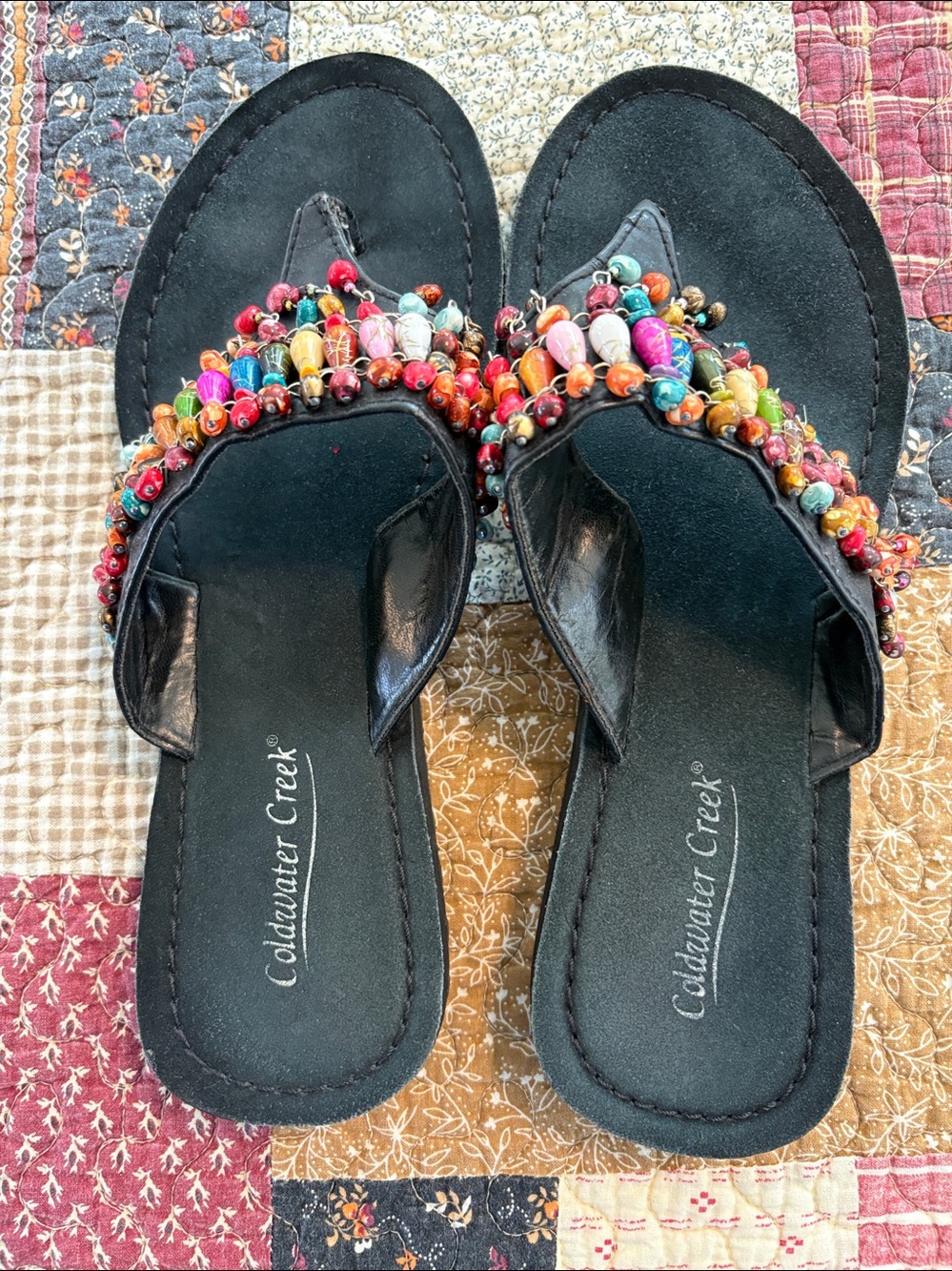 Coldwater Creek Black Beaded Multicolor Strap Sandals
